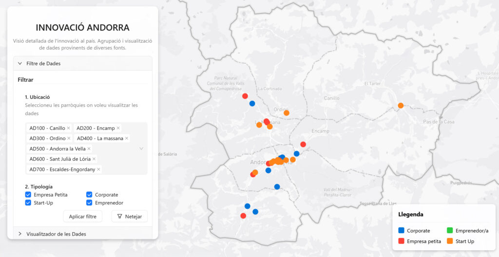 Mapa interactivo de empresas innovadoras en Andorra con diferentes categorías.