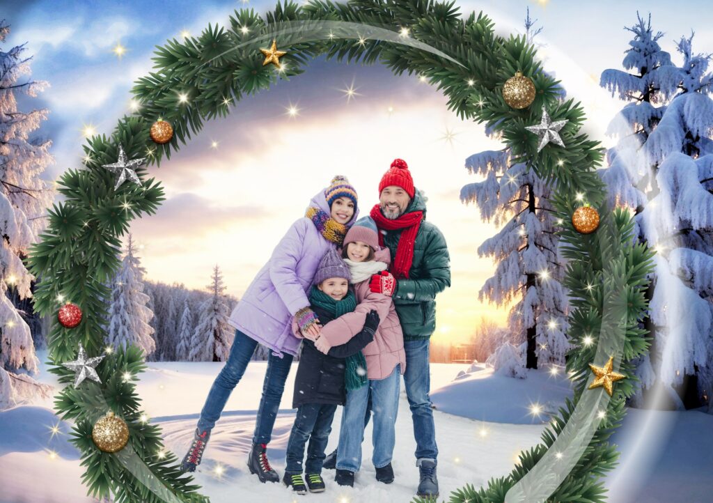 Familia disfrutando de una aventura mágica en un paisaje nevado