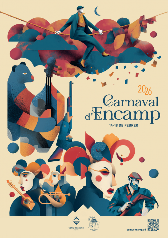 Cartel del Carnaval d'Encamp 2026 con personajes festivos y coloridos.