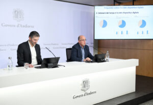 Dos hombres presentando resultados sobre el uso de tecnología en la educación