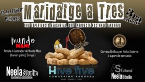 Cartel del evento Maridatge a Tres con arte y productos andorranos