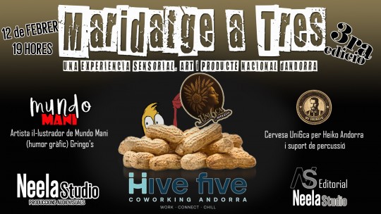 Cartel del evento Maridatge a Tres con arte y productos andorranos