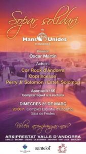 Cartel del sopar solidari de Mans Unides Andorra con detalles del evento