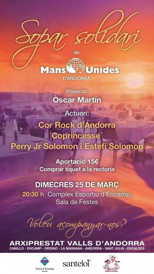 Cartel del sopar solidari de Mans Unides Andorra con detalles del evento