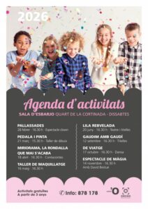 Cartel del taller de dibujo Pedala i Pinta en Ordino con niños felices