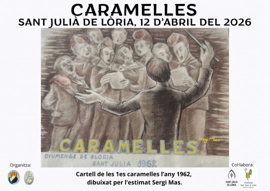 Cartel de las caramelles en Sant Julià de Lòria con un grupo cantando.