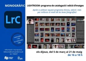 Cartell del curs de Lightroom a Andorra amb dates i informació.