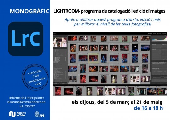 Cartell del curs de Lightroom a Andorra amb dates i informació.