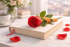 Libro con una rosa roja y cinta amarilla sobre una mesa