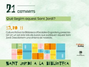 Cartel del evento literario sobre Sant Jordi en la biblioteca