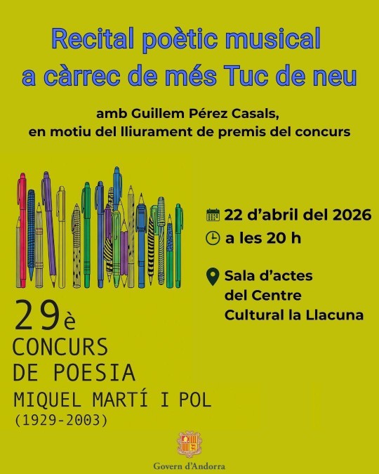 Cartel del recital poético musical con Guillem Pérez Casals en Andorra