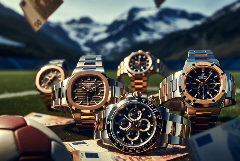 Relojes de lujo en un campo de fútbol con billetes de euro