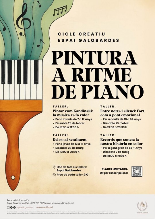 Cartel del taller de pintura a ritmo de piano en Espai Galobardes.