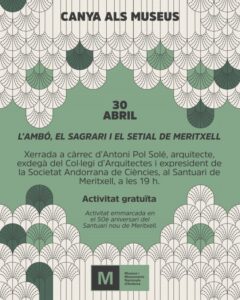 Cartel de la xerrada sobre el Santuari de Meritxell con detalles arquitectónicos.