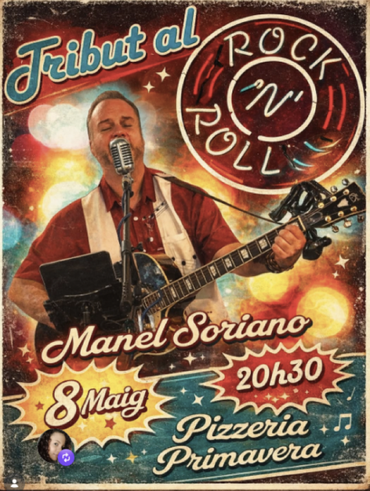 Cartel del concierto de Rock & Roll en Pizzeria Primavera con Manel Soriano.