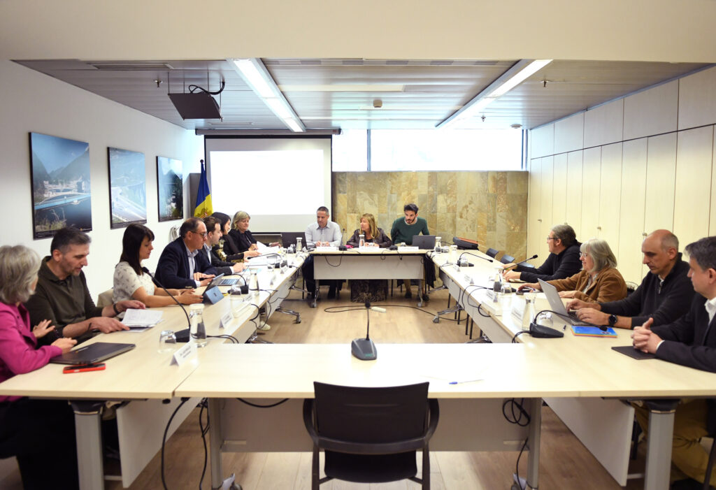 Reunión del Consell Andorrà d'Estadística con miembros y documentos en mesa