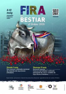 Cartel de la Fira del Bestiar en Ordino, Andorra, con una vaca y flores