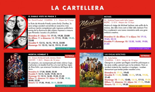 Cartellera de projeccions dels Cinemes Illa Carlemany del 8 al 14 de maig de 2026.