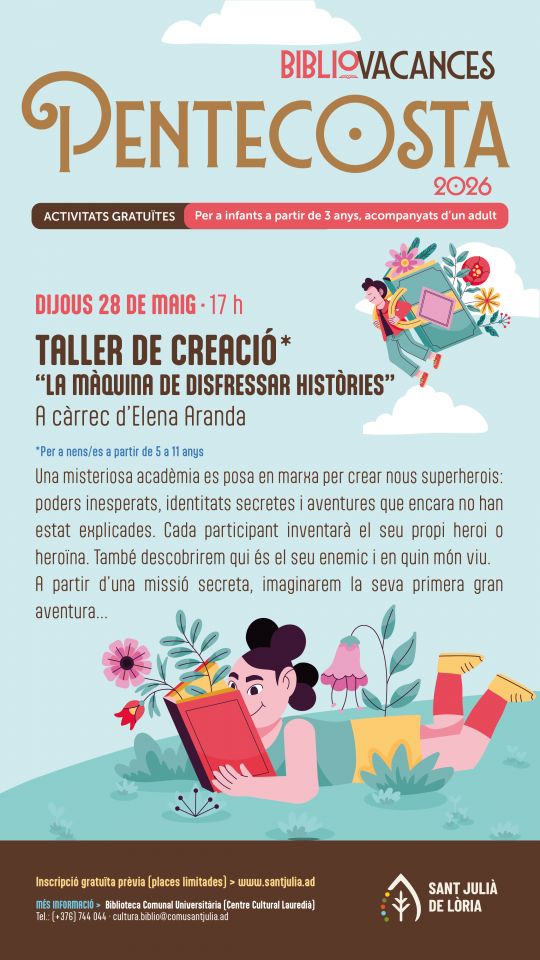 Cartel del taller infantil sobre superhéroes en Sant Julià de Lòria