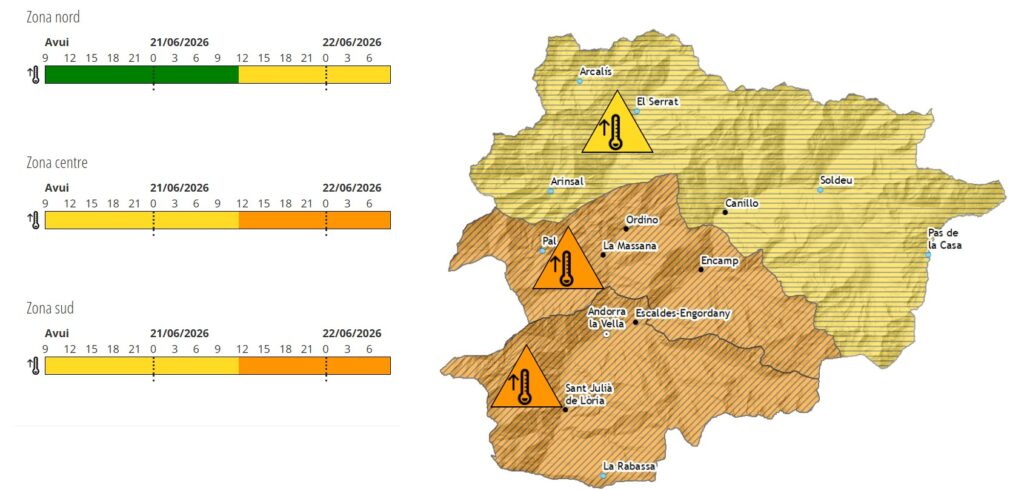 Mapa de prealerta per altes temperatures al centre i sud del país