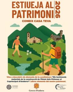 Cartel de la campaña Estiueja al Patrimoni en Andorra con paisaje montañoso