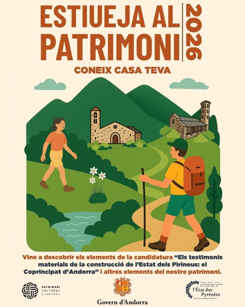 Cartel de la campaña Estiueja al Patrimoni en Andorra con paisaje montañoso