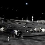 Representación artística de una misión lunar con astronautas y vehículos en la superficie