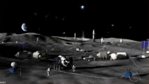 Representación artística de una misión lunar con astronautas y vehículos en la superficie