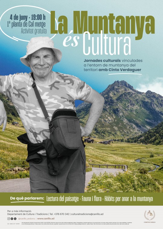 Hombre en la montaña con fondo de paisaje verde y montañas.
