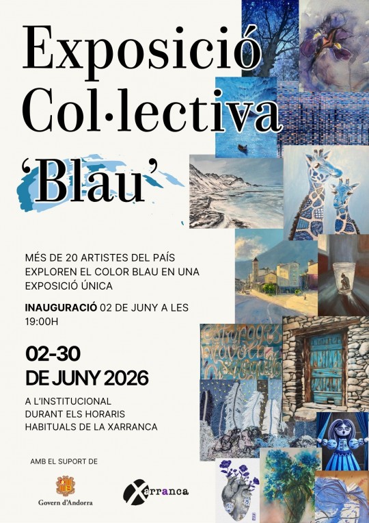 Cartel de la exposición colectiva 'Blau' en Andorra con obras de varios artistas