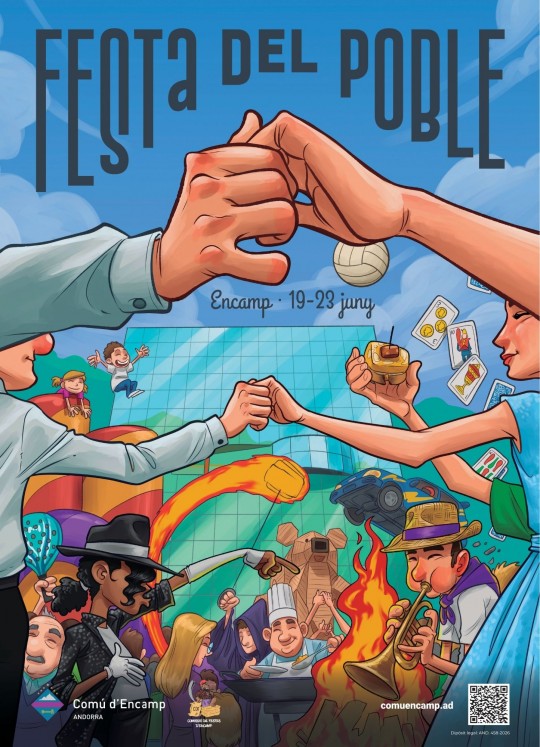 Cartel de la Festa del Poble d'Encamp 2026 con actividades y música.