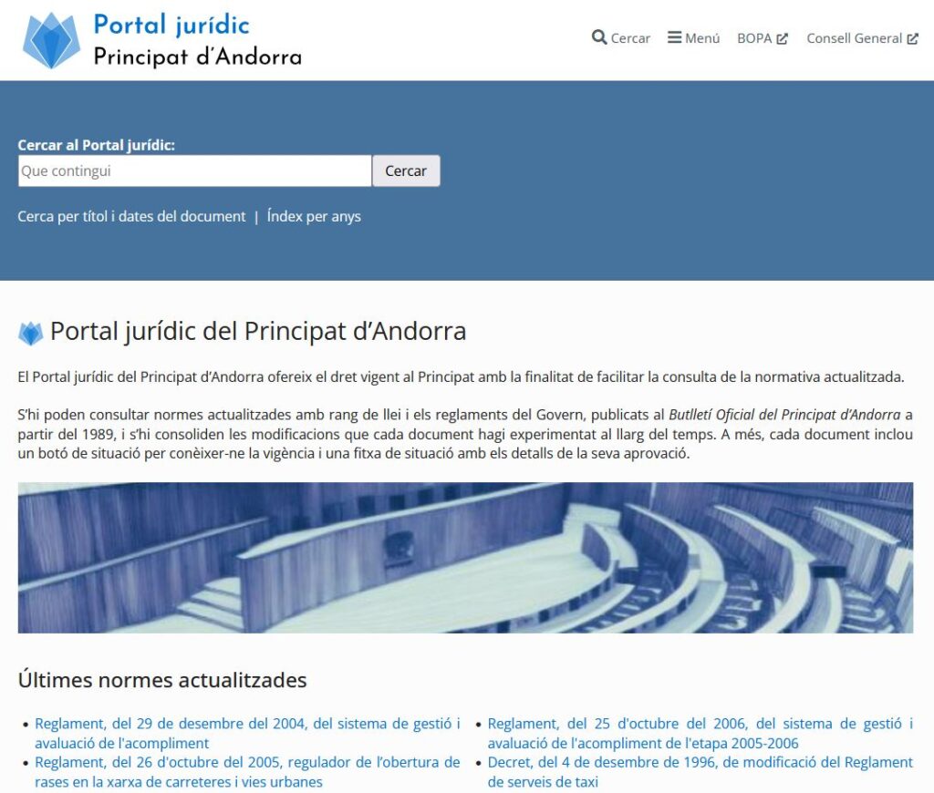 Captura de pantalla del Portal Jurídic del Principat d'Andorra