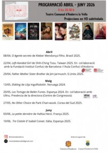 Cartel del Cineclub de les Valls con programación de películas de abril a junio de 2026
