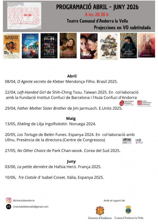 Cartel del Cineclub de les Valls con programación de películas de abril a junio de 2026