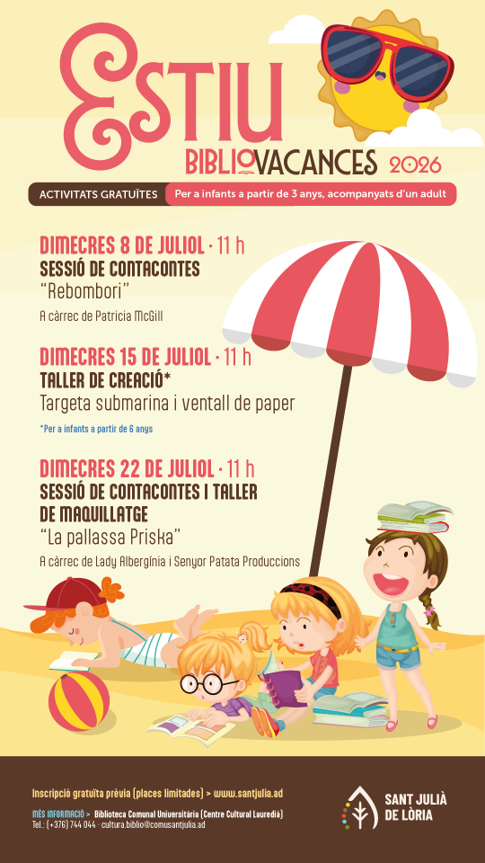 Cartel de actividades de verano para niños en la biblioteca de Sant Julià de Lòria