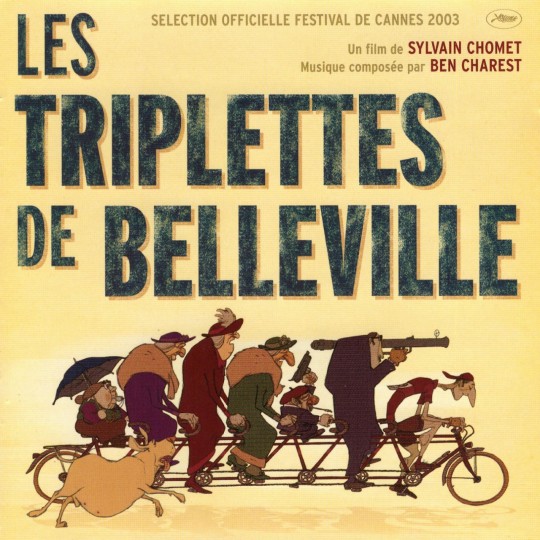 Cartel de la película Les tres bessones de Belleville con personajes en bicicleta