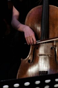 Mà tocant un violoncel durant una actuació musical en directe.