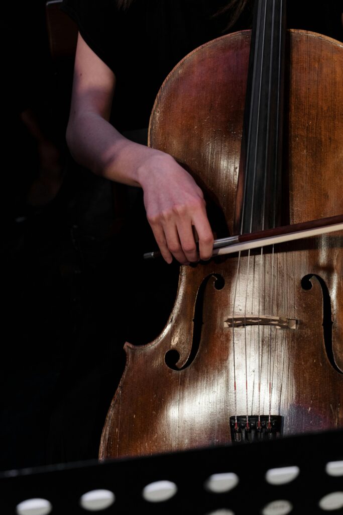 Mà tocant un violoncel durant una actuació musical en directe.