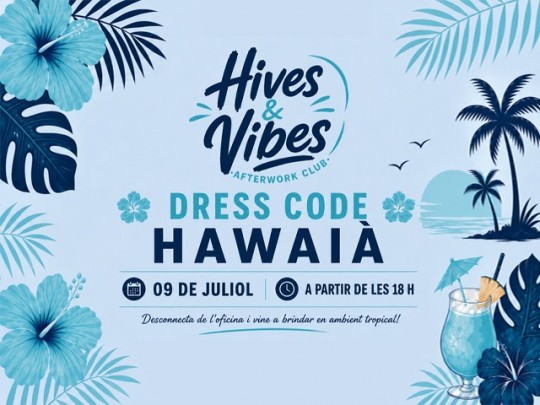 Cartel de la festa hawaiana en Hive & Vibes con detalles tropicales