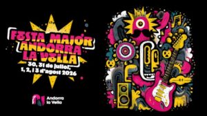 Cartel de la Festa Major d'Andorra la Vella con elementos musicales y festivos