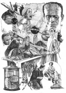 Cartel de la película Frankenstein de 1931 con escenas icónicas del film.
