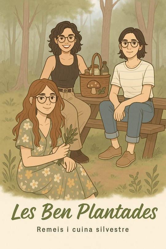 Tres personas sonrientes en un entorno natural con elementos de cocina