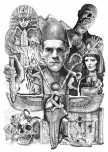 Ilustración de la película clásica La momia con elementos egipcios