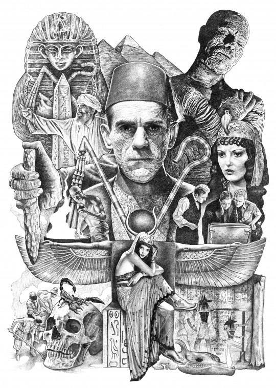Ilustración de la película clásica La momia con elementos egipcios