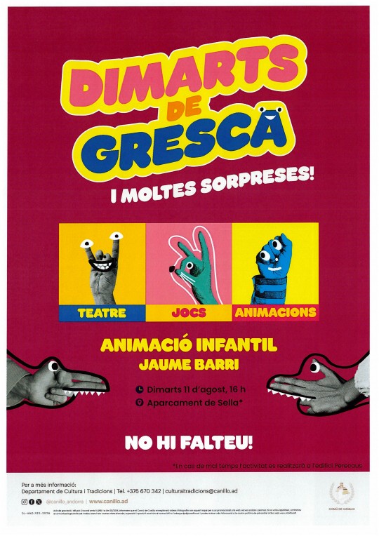 Cartel promocional del evento Dimarts de Gresca con animación infantil
