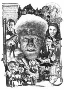 Cartel de cine clásico con el Hombre Lobo y escenas de terror de los años 30.