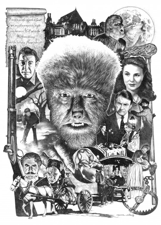 Cartel de cine clásico con el Hombre Lobo y escenas de terror de los años 30.