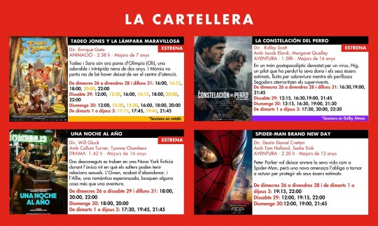 Cartellera dels Cinemes Illa Carlemany amb pel·lícules en exhibició