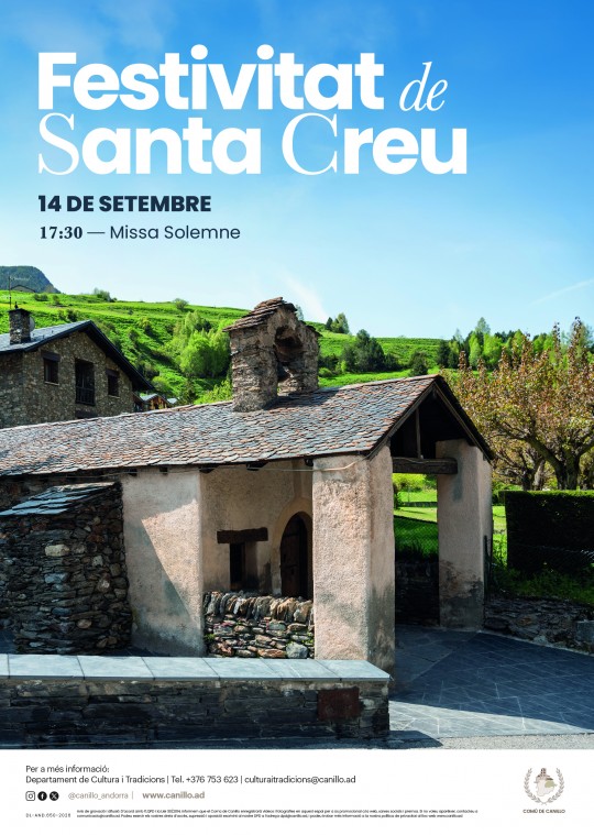 Cartel de la festividad de Santa Creu en Canillo con detalles del evento.