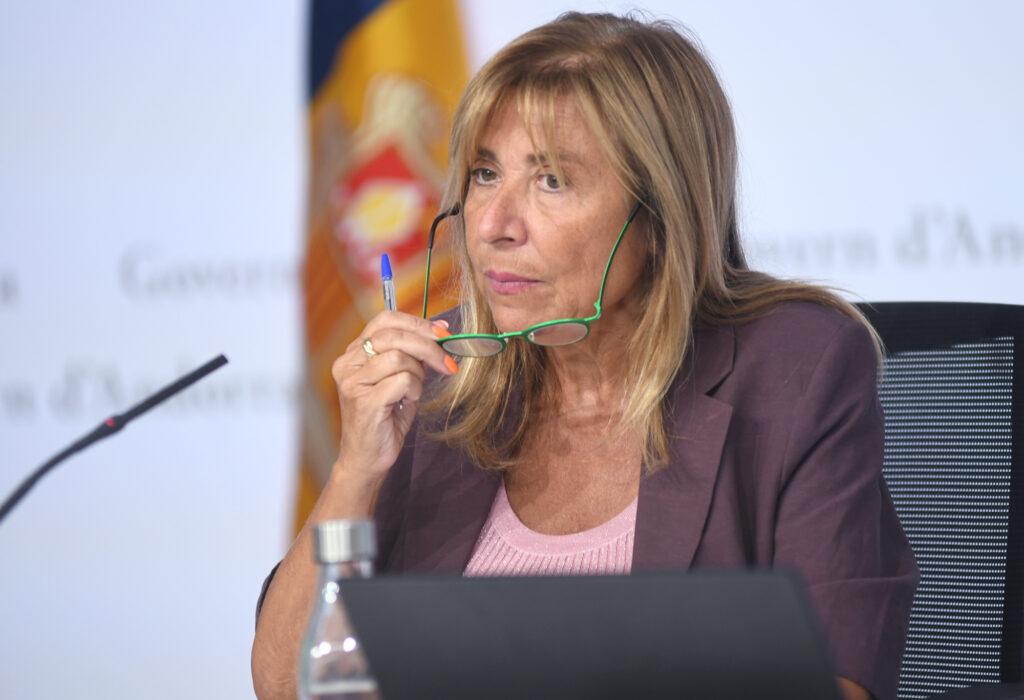 Mujer con gafas sosteniendo un bolígrafo en una reunión del gobierno